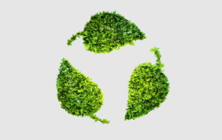Blogbeitrag von Eugenia Schmitt über das Gemeinwohl Ökonomie Projekt 3 grüne Blätter als Recyclingzeichen auf grauem Hintergrund